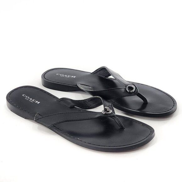 COACH Women's Chapel Black Leather Thong Sandals Flip Flops - Picture 3 of 5